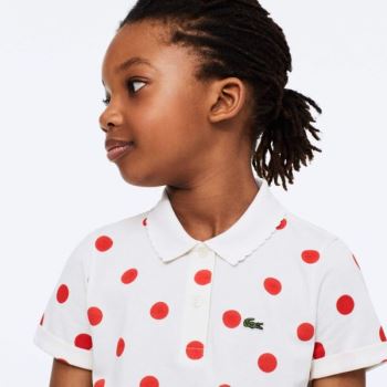 Lacoste Polka Dot Scalloped Collar Cotton Petit Piqué Polo - Polo Dětské Bílé / Červené | CZ-GpNkhf